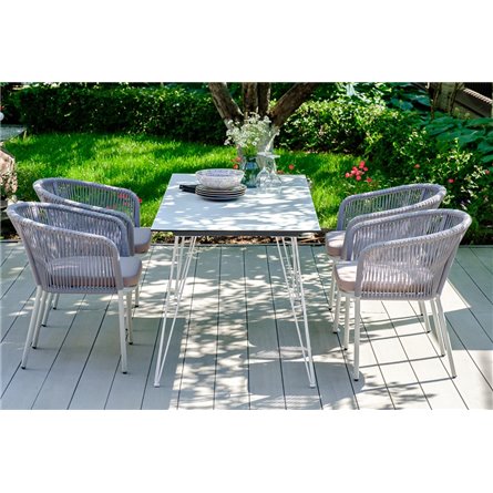 "Марсель" стул плетеный из роупа, каркас алюминий белый муар, роуп светло-серый круглый, ткань светло-серая