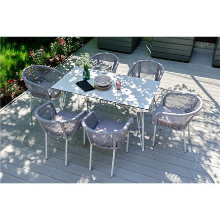 "Марсель" стул плетеный из роупа, каркас алюминий белый муар, роуп светло-серый круглый, ткань светло-серая