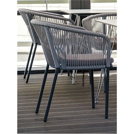 "Марсель" стул плетеный из роупа, каркас алюминий темно-серый (RAL7024) муар, роуп светло-серый круглый, ткань светло-серая