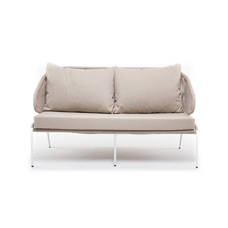 "Милан" диван 2-местный плетеный из роупа, каркас алюминий белый муар, роуп бежевый круглый, ткань бежевая 035