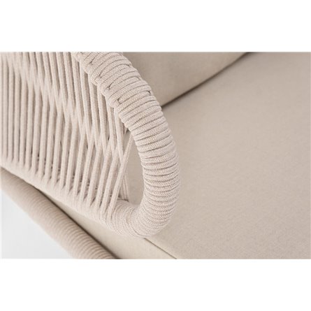 "Милан" диван 2-местный плетеный из роупа, каркас алюминий белый муар, роуп бежевый круглый, ткань бежевая 035