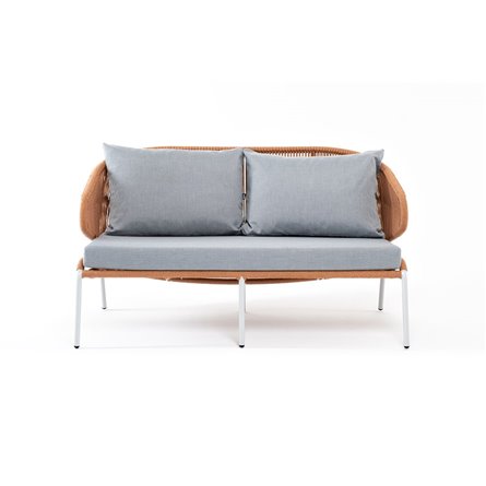 "Милан" диван 2-местный плетеный из роупа, каркас алюминий светло-серый (RAL7035) муар, роуп оранжевый меланж круглый, ткань све