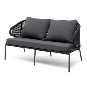 "Милан" диван 2-местный плетеный из роупа, каркас алюминий темно-серый (RAL7024) муар, роуп темно-серый круглый, ткань темно-сер