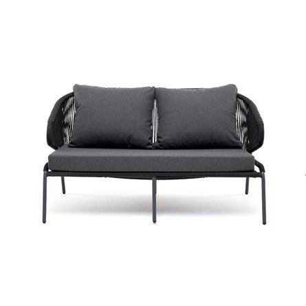 "Милан" диван 2-местный плетеный из роупа, каркас алюминий темно-серый (RAL7024) муар, роуп темно-серый круглый, ткань темно-сер