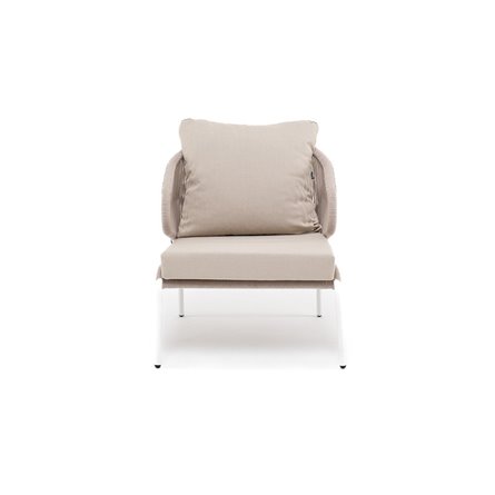 "Милан" кресло плетеное из роупа, каркас алюминий белый муар, роуп бежевый круглый, ткань бежевая 035