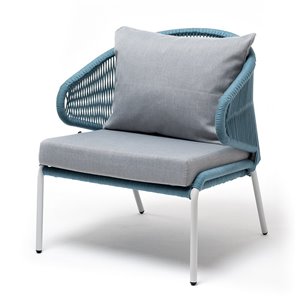 "Милан" кресло плетеное из роупа, каркас алюминий светло-серый (RAL7035) муар, роуп бирюзовый круглый, ткань светло-серая