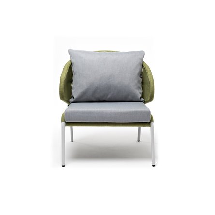 "Милан" кресло плетеное из роупа, каркас алюминий светло-серый (RAL7035) муар, роуп салатовый меланж круглый, ткань светло-серая