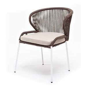 "Милан" стул плетеный из роупа, каркас алюминий белый муар, роуп коричневый круглый, ткань бежевая 052