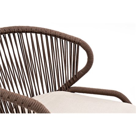 "Милан" стул плетеный из роупа, каркас алюминий белый муар, роуп коричневый круглый, ткань бежевая 052