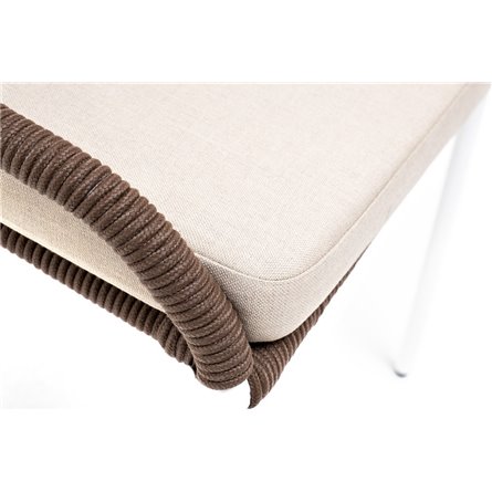 "Милан" стул плетеный из роупа, каркас алюминий белый муар, роуп коричневый круглый, ткань бежевая 052