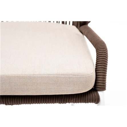 "Милан" стул плетеный из роупа, каркас алюминий белый муар, роуп коричневый круглый, ткань бежевая 052