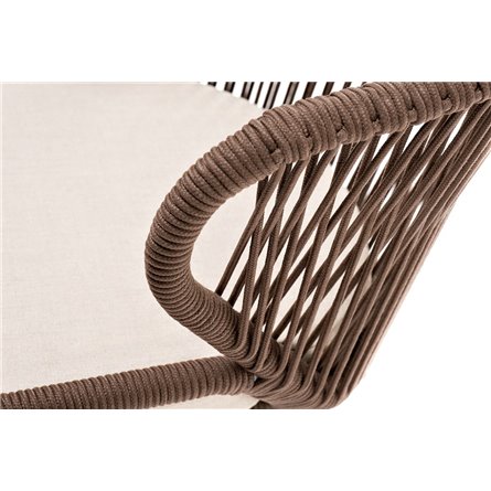 "Милан" стул плетеный из роупа, каркас алюминий белый муар, роуп коричневый круглый, ткань бежевая 052