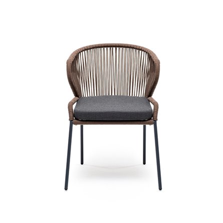 "Милан" стул плетеный из роупа, каркас алюминий серый (RAL7022) муар, роуп коричневый круглый, ткань темно-серая 027