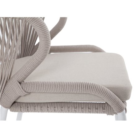 "Милан" стул плетеный из роупа, каркас алюминий белый муар, роуп бежевый круглый, ткань бежевая 052