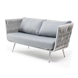 "Каталония" диван модульный плетеный из роупа, основание дуб, роуп темно-серый круглый, ткань темно-серая 027