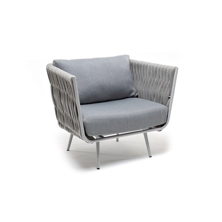 "Монако" кресло плетеное из роупа, каркас алюминий светло-серый (RAL7035) муар, роуп светло-серый 40 мм, ткань светло-серая