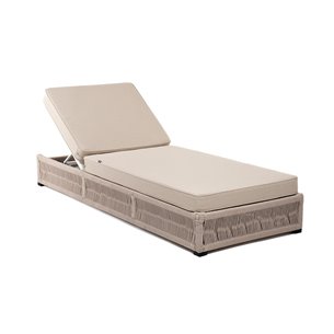 "Ривьера" шезлонг плетеный из роупа, каркас алюминий белый муар, роуп бежевый круглый, ткань бежевая 052