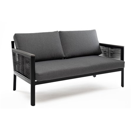 "Сан Ремо" диван 2-местный плетеный из роупа, каркас алюминий темно-серый, роуп серый, ткань серая