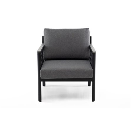 "Сан Ремо" кресло плетеное из роупа садовое, каркас алюминий темно-серый, роуп серый, ткань серая