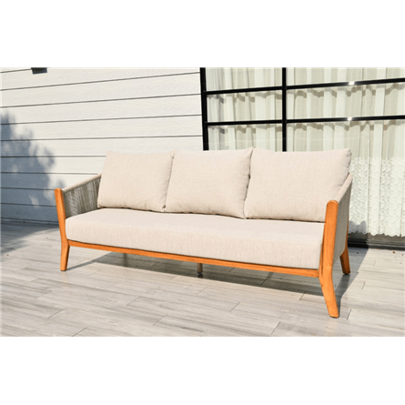 "Сидней" диван 3-местный плетеный из роупа, основание тик, каркас алюминий бежевый, роуп бежевый, ткань бежевая