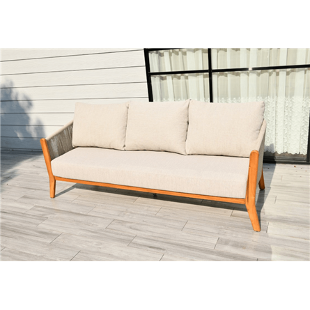 "Сидней" диван 3-местный плетеный из роупа, основание тик, каркас алюминий бежевый, роуп бежевый, ткань бежевая