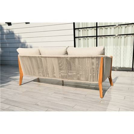 "Сидней" диван 3-местный плетеный из роупа, основание тик, каркас алюминий бежевый, роуп бежевый, ткань бежевая