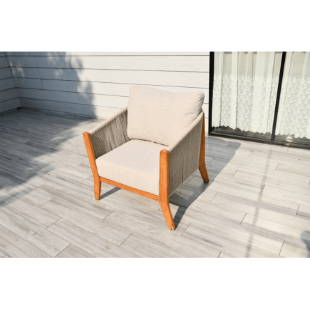 "Сидней" кресло плетеное из роупа, основание тик, каркас алюминий бежевый, роуп бежевый, ткань бежевая