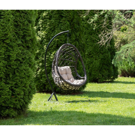 "Венеция" подвесное кресло-кокон из искусственного ротанга, цвет серый с бежевой подушкой