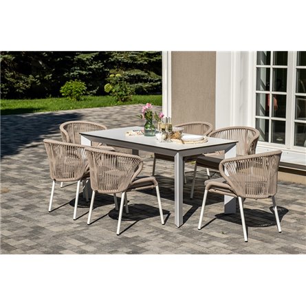 "Венето" обеденная группа на 6 персон со стульями "Милан", каркас белый, роуп бежевый
