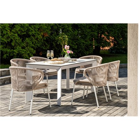 "Венето" обеденная группа на 6 персон со стульями "Милан", каркас белый, роуп бежевый