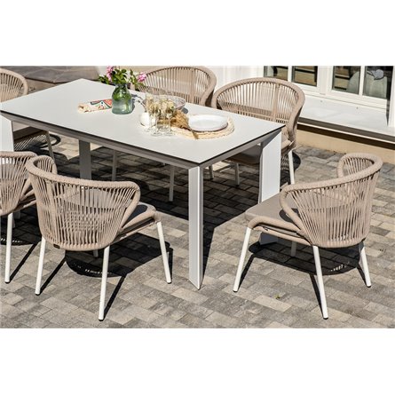 "Венето" обеденная группа на 6 персон со стульями "Милан", каркас белый, роуп бежевый