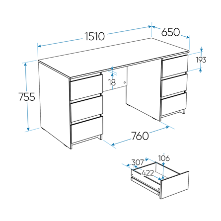 2.03.06.040.4 КАСТОР стол письменный 6 ящиков 151х65 RU серый