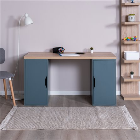 S01583 ИНГАР 2/ДВ/ДВ стол письменный 140x75x55, дуб беленый/серо-бирюзовый