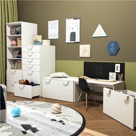 Детская СТУВА / Пикси. Комплект 1 - стеллаж, комод и стол с ящиком (робкий подснежник)