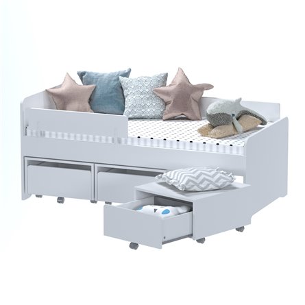 Кровать Стува / Пикси 80x160 с 3 бортиками и 3 тумбами (робкий подснежник)