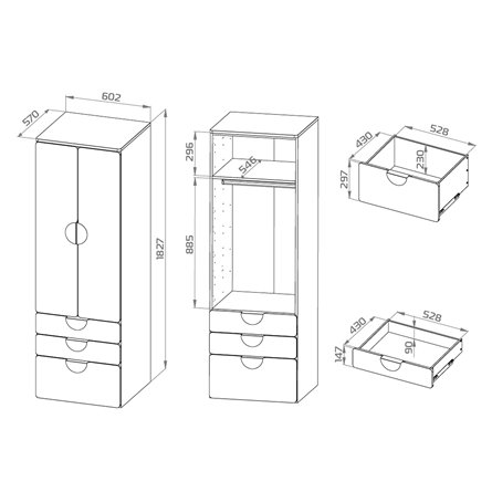 Шкаф 2-х дверный Стува / Пикси с 3 выдвижными ящиками и полкой 60x57x180 (робкий подснежник)