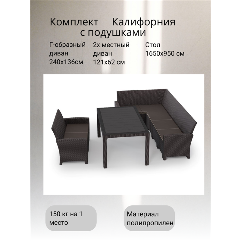Комплект мебели под ротанг Калифорния “California“ с угловым диваном 240х136 см, 2х-местным диваном 121х62 см с подушками и стол